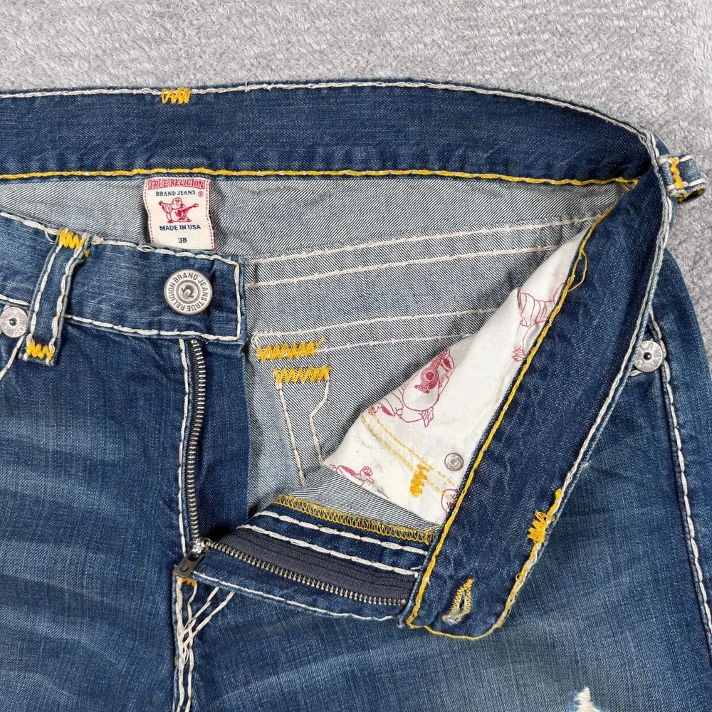 True Religion Jeans Mens 38x34 Ricky Super T Straight Leg Blue Distressed Denim